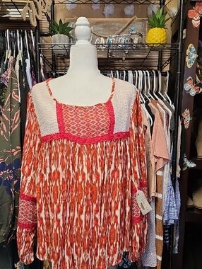 Women's Red Printed Boho Tunic with Crochet Yoke